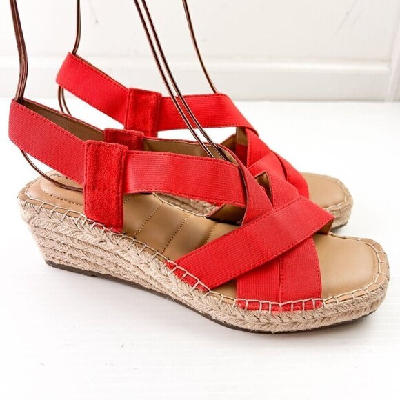 Me Too Casey Mini-Wedge Textile Criss Cross Open Toe Red Sandal Womens Size 8M - Picture 5 of 11